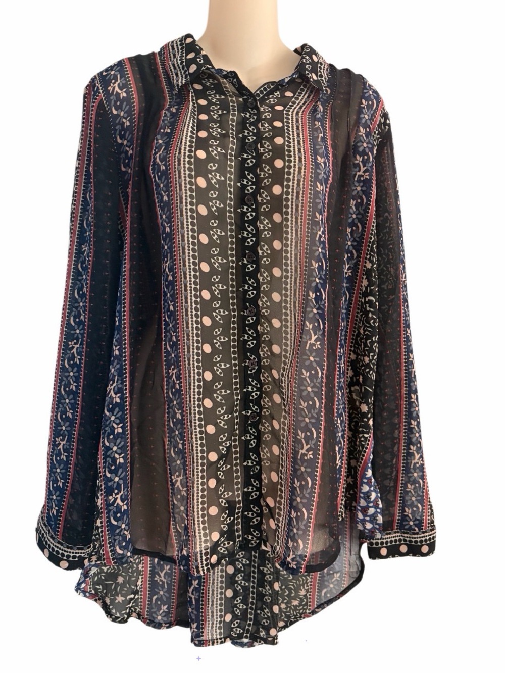 Free People "Moonlight Mile" Sheer Button Up Blouse Long Sleeve Size Large Black